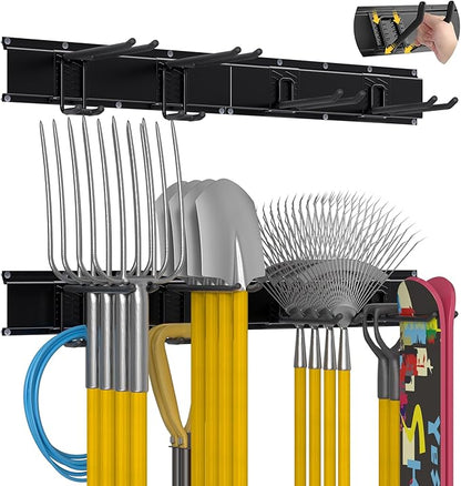 Garage Tool Organizer Wall Mount with 32 inches Rails and Adjustable Heavy-Duty Hooks, Garden Tool Organizer, Carries 300 lbs, Heavy Duty Garage Storage Rack For Yard, Shed, Workshop, Easy to Install