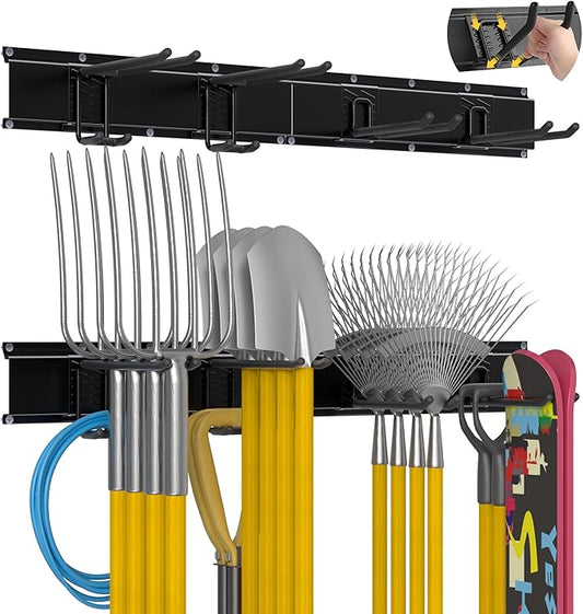 Garage Tool Organizer Wall Mount with 32 inches Rails and Adjustable Heavy-Duty Hooks, Garden Tool Organizer, Carries 300 lbs, Heavy Duty Garage Storage Rack For Yard, Shed, Workshop, Easy to Install