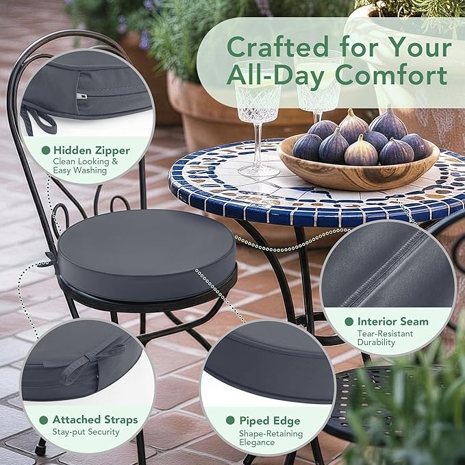 Summsun Outdoor Bistro Chair Cushions Set of 2, 15" D x 3" H Round Chair Cushions Waterproof and Fade Resistant Chair Cushion Pads with Non-Slip Ties and Removable Covers for Garden, Dark Grey