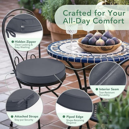 Summsun Outdoor Bistro Chair Cushions Set of 2, 15" D x 3" H Round Chair Cushions Waterproof and Fade Resistant Chair Cushion Pads with Non-Slip Ties and Removable Covers for Garden, Dark Grey