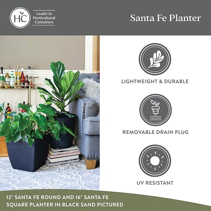 The HC Companies Santa Fe Round Self-Watering Pot - Lightweight Plastic Planter for Herbs & More - Durable Plant Pots for Indoor Plants & Outdoor Plants (16" Black Sand, Pack of 2)