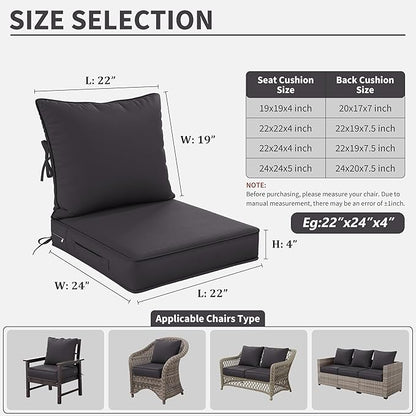 Premium Outdoor Seat Cushion Chair Cushions for Patio Furniture 22 L X 24 W X 4 H Waterproof & Fade Resistant Deep Seat and Backrest Cushion Set with Removable Covers for Chair, Sofa
