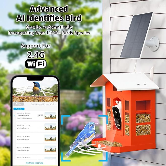 Metal AI Bird Feeder Camera w/ 32GB - Solar Powered, 2K Auto Rec & Live View, Identifies 10000+ Birds