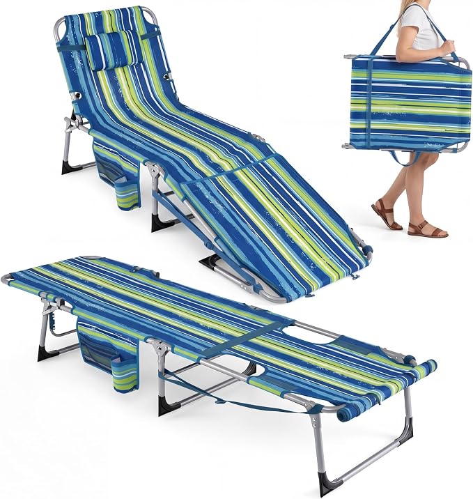 Giantex Set of 2 Tanning Chair with 5 Adjustable Position, Face & Arm Hole, Hand/Shoulder Strap, Removable Pillow, Side Pocket, Load 330 Lbs, Outdoor Lounge Chair for Sunbathing, Beach, Stripe