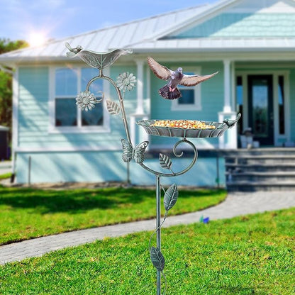 MUMTOP Bird Baths and Feeder for Outdoors, 53 inch Height Metal Birdbath Antique Garden Bird Feeder with Metal Stake for Garden Outside Yard Lawn Decorations, Green