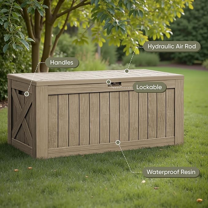 Flamaker Resin Deck Box 120 Gallon Waterproof Large Outdoor Indoor Storage Box Imitation Wood Resin for Patio Furniture Garden Tools and Pool (Brown)