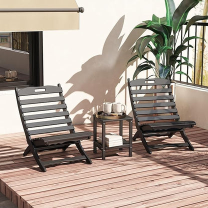 GREENVINES 3 Pieces Patio Furniture Set | Outdoor Bistro Sets for 2 | HDPE Plastic | Folding-Adirondack-Chairs-with-Side-Table | All Weather | Xavier Chair | for Porch Deck Poolside Backyard | Black