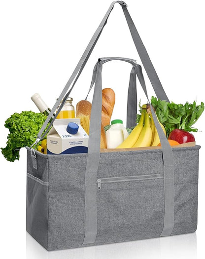 GARPROVM Extra Large Grocery Tote Bag, 42L Reusable Grocery Bags, Foldable Shopping Bag Beach Bag Shopping Basket Utility Tote with Metal Frame Removable Shoulder Strap Bottom, 22"x9.8"x11.8"