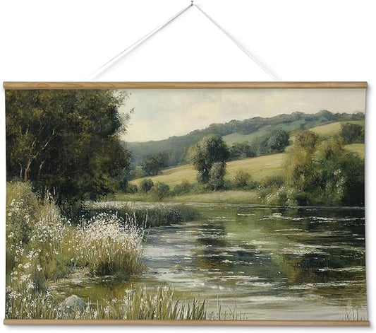 ARPEOTCY Extra Large Vintage Framed Wall Art, 36x54 Inch River Landscape Hanging Framed Canvas Prints Scroll Wall Art Decor for Living Room Bedroom, Retro Scenery Pictures Above of Bed