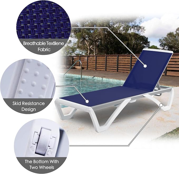 Kozyard Outdoor Chaise Lounge Chair Set, Fully Flat Adjustable Patio Lounger with Aluminum Frame & Resin Legs, Textilene Fabric for Poolside, Backyard & Beach (Navy Blue, Chair +Table)
