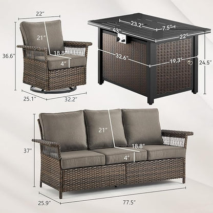 Patio Furniture Set with Fire Pit Table, 4PCS Patio Conversation Set Brown Resin Wicker Swivel Patio Chair and Sofa with 43in Rectangular Iron Fire Table PE Rattan Furniture Set