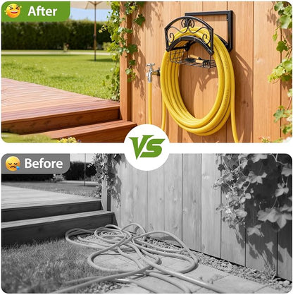 BOLITE Garden Hose Holder Wall Mount, Heavy Duty Metal Water Hose Holder with Basket for Outside, Hose Storage Holds 150FT Water Pipe for Yard, Lawn, Garden, Farm, Gifts for Women Men