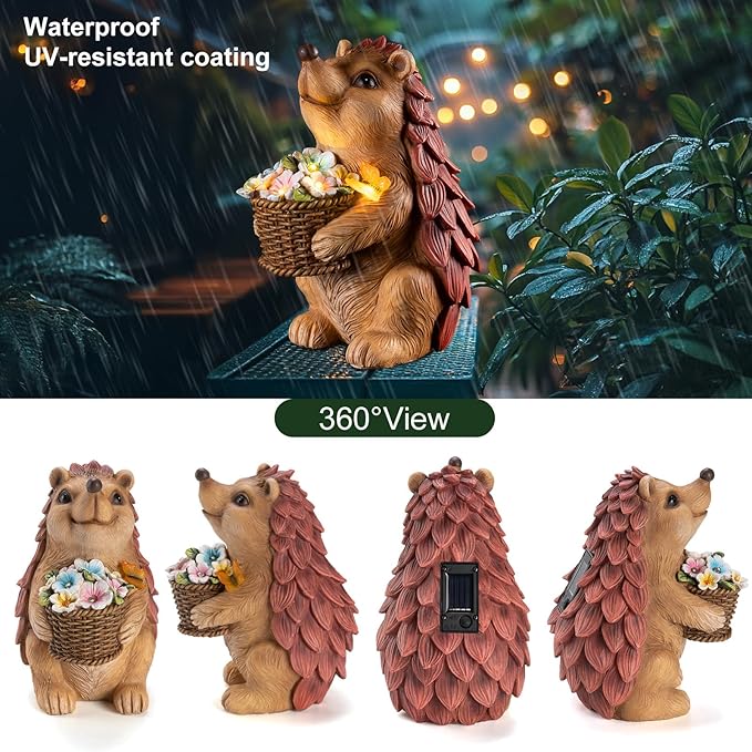 Solar Hedgehog Garden Statues Outdoor with Solar Lantern – Hedgehog Yard Decor, Waterproof Resin Figurine Pathway Light for Lawn & Patio