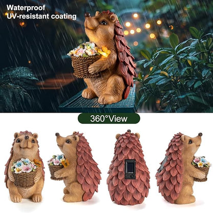 Solar Hedgehog Garden Statues Outdoor with Solar Lantern – Hedgehog Yard Decor, Waterproof Resin Figurine Pathway Light for Lawn & Patio