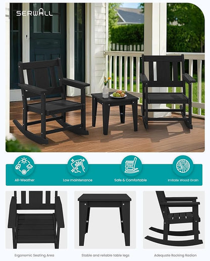 SERWALL 3 Piece Rocking Bistro Set, HDPE Patio Furniture Set with Bistro Table and Chairs for Backyard,Porch, Poolside, Balcony, and Garden- Black