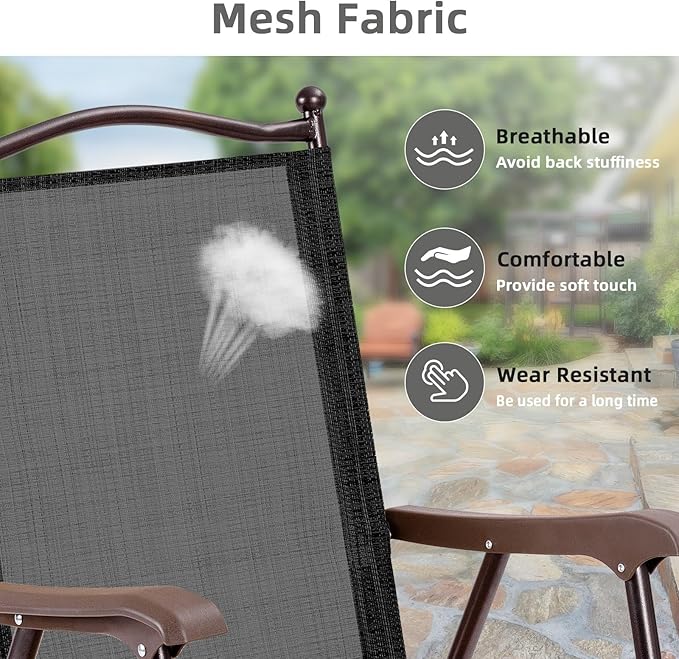 Tangkula Set of 2 Patio Folding Dining Chairs, Outdoor Sling Lawn Chairs with Armrests, Steel Frame, Portable Camping Lounge Chairs for Backyard, Deck, Poolside and Garden, No Assembly (1, Black)