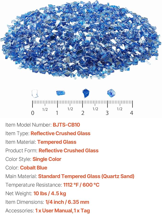 VEVOR Fire Glass, 10LBS / 4.5KG High-Temperature Resistant Fireplace Rocks, 1/4-Inch / 6.35 mm Reflective & Smokeless Firepit Glass Rock, High Luster Stone Landscaping for Fire Pit Table, Cobalt Blue