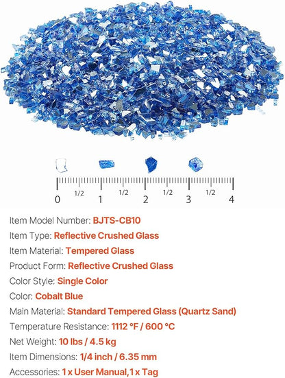 VEVOR Fire Glass, 10LBS / 4.5KG High-Temperature Resistant Fireplace Rocks, 1/4-Inch / 6.35 mm Reflective & Smokeless Firepit Glass Rock, High Luster Stone Landscaping for Fire Pit Table, Cobalt Blue