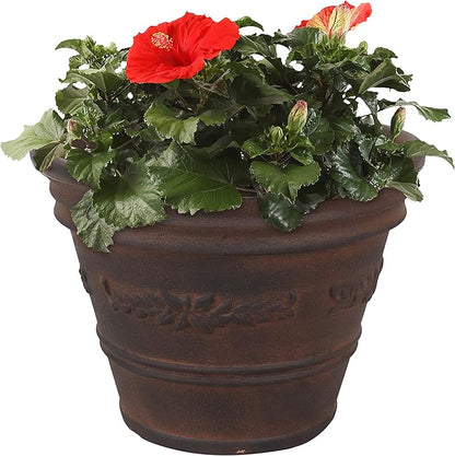 Sunnydaze 13-Inch Laurel Large Plant Pot - Polyresin Round Outdoor Planter with Drillable Drainage Holes - Rust