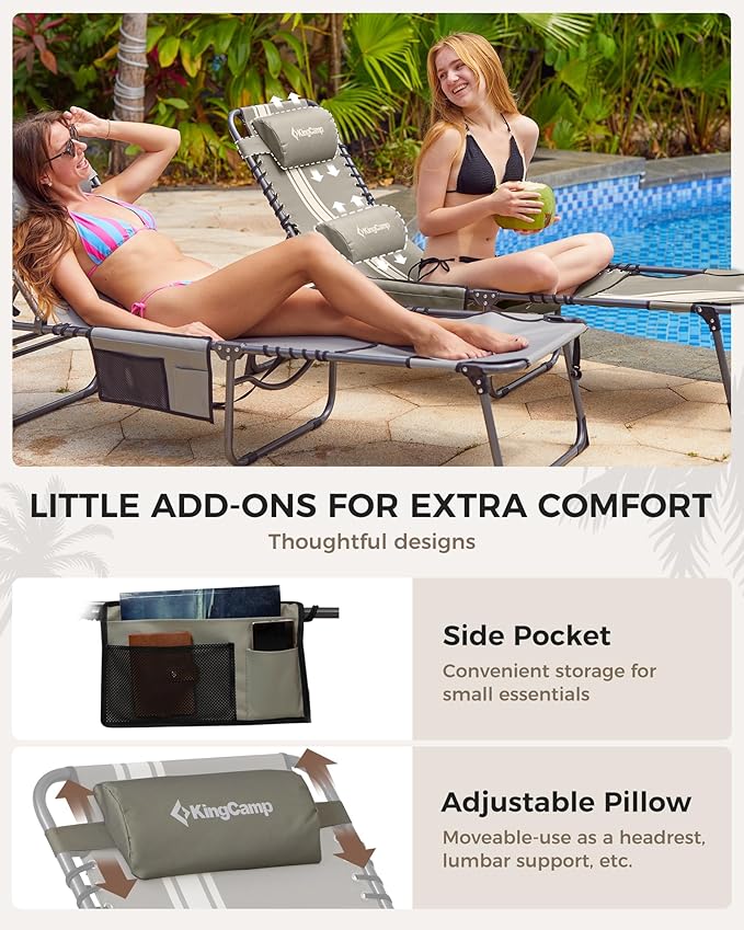 KingCamp 2 Pack Tanning Chair with Face Hole, Lounge Chairs Outdoor Folding Portable Comfy Adjustable 5-Position Foldable Chaise Chaser Lounger for Outside Beach Patio Sun Bathing Pool, Grey/White