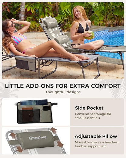 KingCamp 2 Pack Tanning Chair with Face Hole, Lounge Chairs Outdoor Folding Portable Comfy Adjustable 5-Position Foldable Chaise Chaser Lounger for Outside Beach Patio Sun Bathing Pool, Grey/White