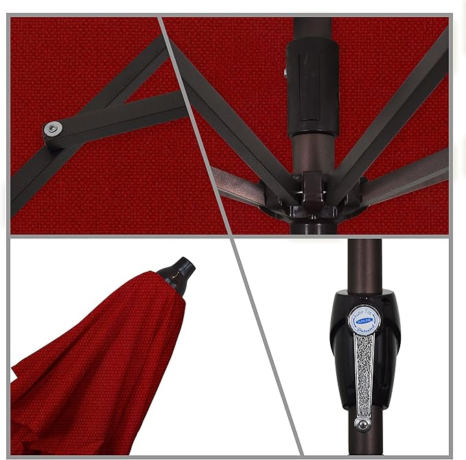 California Umbrella 7.5' Round Aluminum Outdoor Deck, Pool or Patio Umbrella, Crank Lift, Auto Tilt, Bronze Pole, Red
