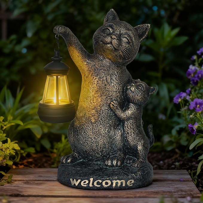 Cat Garden Statue Outdoor Decor - Solar Cat Garden Statue,Cats Figurine Ornaments,Waterproof Outdoor Sculptures for Yard Lawn Backyard Patio Balcony Home Decorations,Unique Cats Gifts for Women