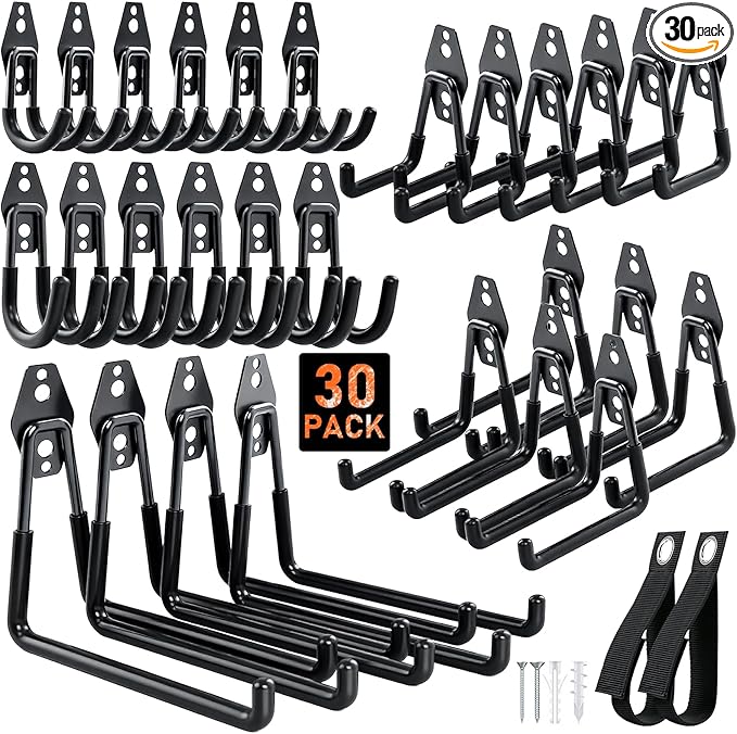 Housolution Steel Garage Hooks - 30Pack Anti-Slip Coating, Heavy Duty Wall Mount Hooks for Bikes, Garden Tools, Ladders, Hose, Bulk Items Ropes, Garage Tool Organizer with Extension Cord Wrap, Black