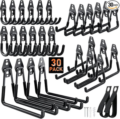 Housolution Steel Garage Hooks - 30Pack Anti-Slip Coating, Heavy Duty Wall Mount Hooks for Bikes, Garden Tools, Ladders, Hose, Bulk Items Ropes, Garage Tool Organizer with Extension Cord Wrap, Black