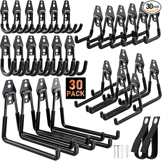 Housolution Steel Garage Hooks - 30Pack Anti-Slip Coating, Heavy Duty Wall Mount Hooks for Bikes, Garden Tools, Ladders, Hose, Bulk Items Ropes, Garage Tool Organizer with Extension Cord Wrap, Black
