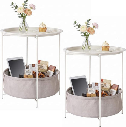 VECELO Round Side/End Table with Fabric Storage Basket，Metal Anti-Rust and Waterproof Small Bedside Nightstand with Removable Tray Top for Living Room，Balcony & Laundry，Beige/2pcs with Basket