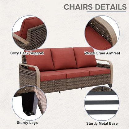 COOS BAY Modern Wicker Outdoor Furniture Set, Patio Conversation Set with Patio Chairs, 3 Seat Couch, and Side Table, 4 Piece, Brown/Red