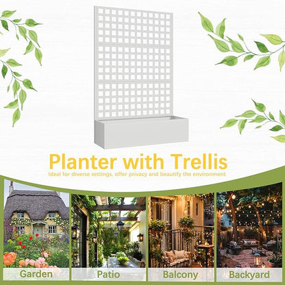 Metal Planter Box with Trellis, 71"x 47"x 16" Raised Garden Bed with Trellis, Planter Box Trellis with Privacy Screen and Drainage Holes, White