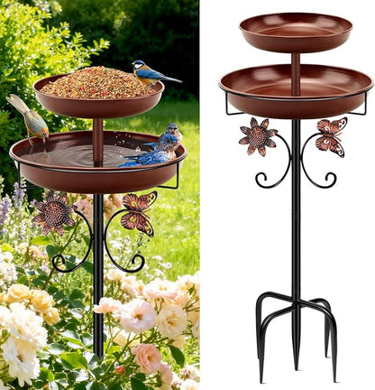 Daoeny Bird Bath for Outside, 42In Vintage Freestanding Birdbaths for Outdoors, Double Metal Bird Bath Feeder Bowls for Garden Patio Yard Lawn Decor, Upgraded 5-Pronged Base (Brown)