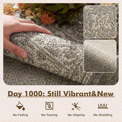MontVoo-Outdoor Rug-Patio Rug 8x10 Polypropylene Indoor Outdoor Rugs Carpet for Patio Deck Balcony Porch, Textured Weave, Durable for High Traffic, Fade-Resistant, Vintage Medallion Silver Grey