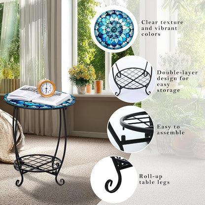 Cinnvoice Outdoor Side Table Round Small Mosaic Patio Accent Indoor End Plant Coffee Tea Table for Yard Patio Porch Garden Living Room, Bedroom(Mandala Style,18 Inch)