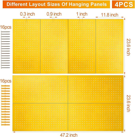 Metal Pegboard Panels,Wall Panels, Heavy Duty Peg Boards for Garage and Garden Tool Storage, Includes Drywall Anchors and Screws Kits, Yellow