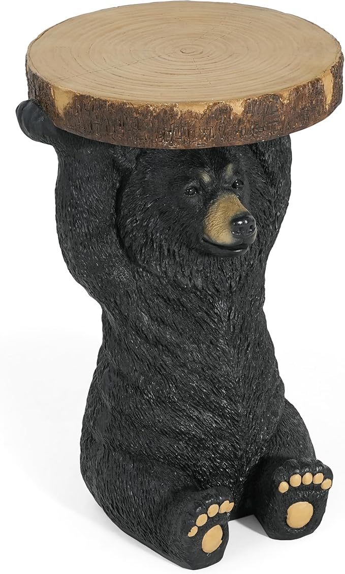 Christopher Knight Home Blitz Bear Outdoor Side Table, MGO Bear Statue with Display Tabletop, Hand Painted Sculpture, Cute Small End Table for Indoor/Outdoor, No Assembly Required, Black + Brown