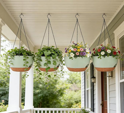 Set of 4-8 Inch Self Watering Hanging Planters for Indoor Outdoor，Hanging Plant Pots with Drainage & Removable Tray, Hanging Pots Holder for Ivy, Pothos, Ferns, Balcony & Patio, Green Brown