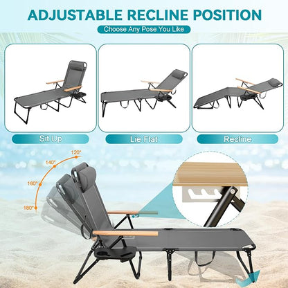 Beach Lounge Chair, Folding Outdoor Chaise Lounge Chair with Arms, 4-Position Backrest, Extended Sun Tanning Chair Pillow & Cup Holder, Patio Lounger for Outside for Beach Pool Patio Yard (Gray)