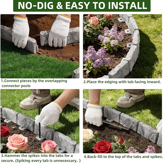 Landscape Edging Faux Stone Edging Garden Edging Border,68FT x 2.75 in Tall Decorative Stone-Look Garden Border for Flower Bed Edging,Yard Edging,Lawn Trees and Gardens,with Anchoring Spikes,Gray