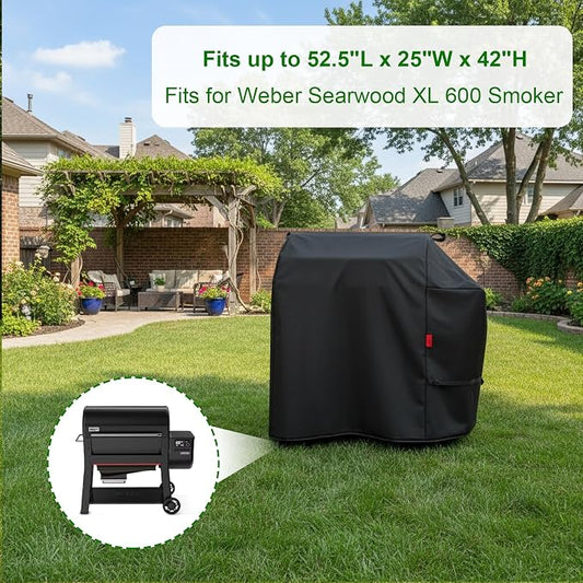 Outdoor Grill Cover Fits Weber Searwood XL 600 Pellet Smoker Grill,Heavy Duty Waterproof 600D BBQ Cover for Outside,UV Resistant with Storage Bag & Windproof Straps 52.5" W X 25" D X 42" H