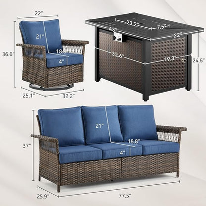 Patio Furniture Set with Fire Pit Table, 4PCS Patio Conversation Set Brown Resin Wicker Swivel Patio Chair and Sofa with 43in Rectangular Iron Fire Table PE Rattan Furniture Set