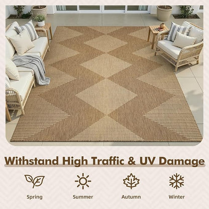 MontVoo-Outdoor Rug Carpet Patio Rug 5x7 ft Polypropylene Indoor Outdoor Rugs for Patio Deck Balcony Porch, Textured Weave, Durable for High Traffic, Fade-Resistant, Boho Geometric Neutral Brown