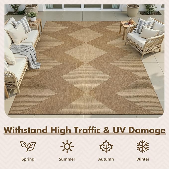 MontVoo-Outdoor Rug Carpet Patio Rug 6x9 ft Polypropylene Indoor Outdoor Rugs for Patio Deck Balcony Porch, Textured Weave, Durable for High Traffic, Fade-Resistant, Boho Geometric Neutral Brown