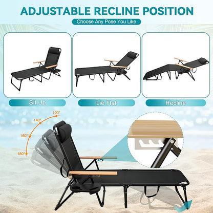Beach Lounge Chair, Folding Outdoor Chaise Lounge Chair with Arms, 4-Position Backrest, Extended Sun Tanning Chair Pillow & Cup Holder, Patio Lounger for Outside for Beach Pool Patio Yard (Black)