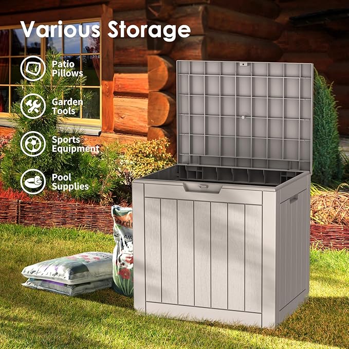 30 Gallon Deck Box, Waterproof Resin Outdoor Storage Box Lockable for Patio Furniture, Fade Resistant Patio Side Table & Organizer for Garden Tools, Pool Floats, Outdoor Cushions, Light Coffee