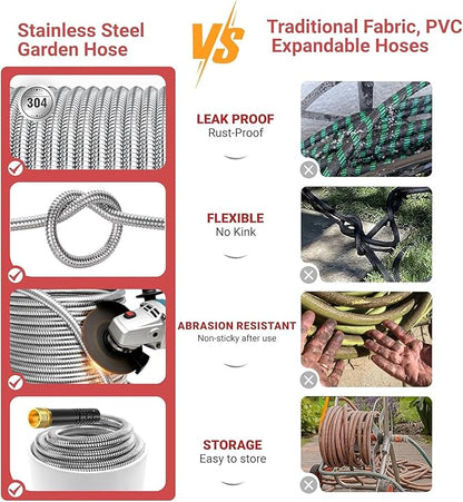 Lefree 50ft Metal Garden Hose - Heavy Duty 304 Stainless Steel Flexible Water Hose, No Kinks & Leak-Proof with Upgraded Handle, 10-Function Spray Nozzle for Balcony, Patio, Small Yard, Car Wash