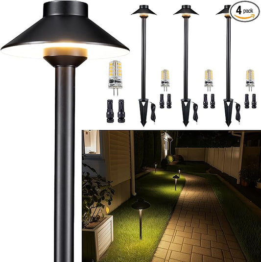 Gardenreet Low Voltage Landscape Lighting Brass - 12v LED Pathway Lights Waterproof, Hardwired Path Light Outdoor, Black for Exterior Patio Garden with 3W 2700K Warm White G4 Bulb (4 Pack)