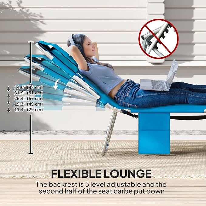 Outsunny Chaise Lounge Chair Outdoor w/Face Arm Hole Light Blue | 5-Position Reclining, Face Down, Carry Strap, Side Pocket, Portable, Folding Tanning Bed Cot, for Patio Beach Pool